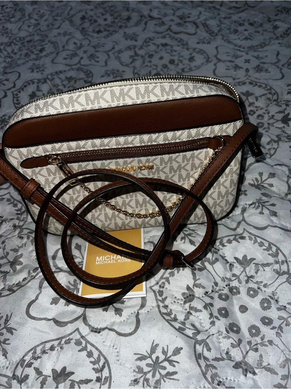 Michael Kors Beige Signature MK Crossbody with Brown Trim and Gold Chain